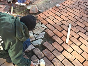 clay paver walkway with natural stone inlay italian european design villa grouted brick walk way 4x8 holland brick patio